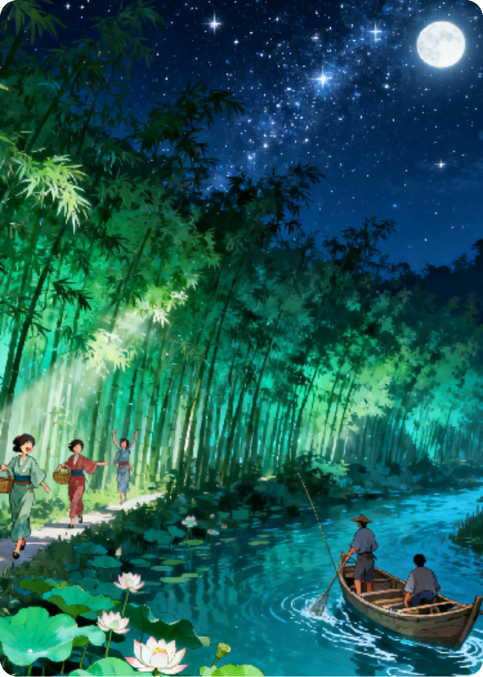 他敲击竹杠，星空以光的变奏回应