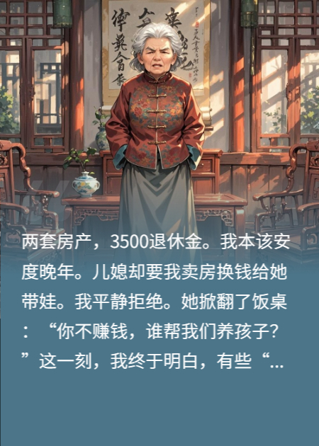 养老金3500，儿媳拍桌逼我卖房，我反杀啃老逆子