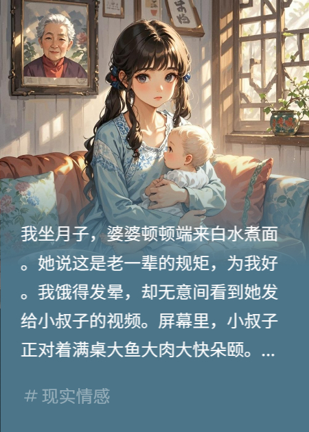 月子婆婆喂我白水面，却给小叔子做大餐，我连夜回娘家