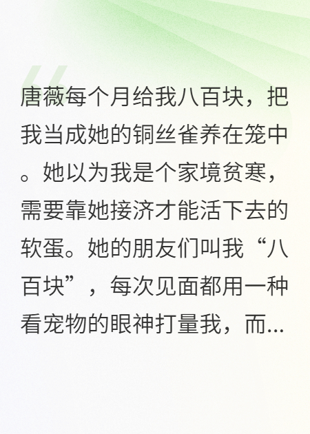 铜丝雀的逆袭：她月薪八百包养我，我笑了