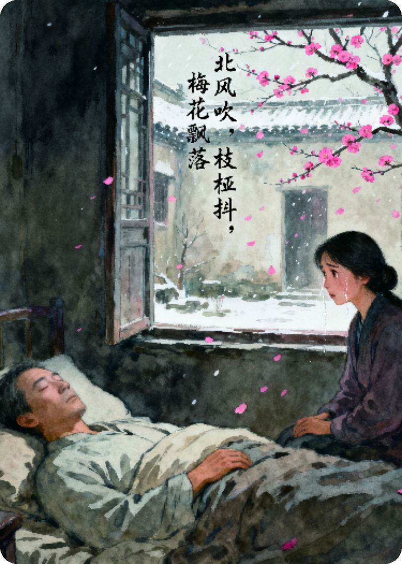 北风吹，枝桠抖，梅花飘落