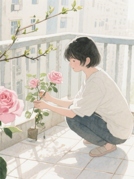 阳台的月季与画纸上的风​